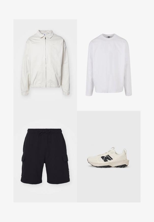 Bílá, lehká bunda Nike s límečkem, předním zipem, elastickými manžetami a malým logem na levé hrudi. Hladký povrch.; Bílý bavlněný tričko s dlouhým rukávem, kulatým výstřihem, pohodlným střihem a bez viditelných vzorů nebo akcentů. Hladký povrch.; Černé cargo šortky s elastickým pasem a stahovací šňůrkou. Mají dvě boční kapsy a malou nášivku s logem na pravé straně.; Svetle béžové tenisky s mřížkovou svrchní částí, černým logem a texturovanou podešví. S důrazem na geometrický vzor na mezipodešvi.