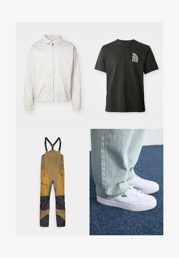 White, lightweight Nike jacket with a collared neckline, front zipper, elastic cuffs, and a small logo on the left chest. Smooth texture.; Black short-sleeve crew neck t-shirt with a small green and white quarter-circle logo and "The North Face" text on the left chest.; Brown and black bib overalls with adjustable black shoulder straps and zippered pockets, designed for outdoor or work use.; White leather sneakers with green Nike logo, round toe, flat sole, paired with light blue denim pants, shown on a blue carpet.