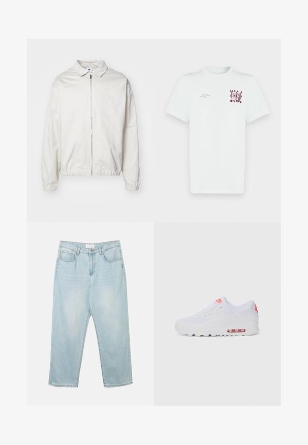 Valge, kerge Nike jakk, milles on krae, ees lukk, elastsed mansetid ja väike logo vasakul rinnal. Sile tekstuur.; Valge puuvillane t-särk, millel on vasakul rinnal punane "NIKE" graafika ja tekst. Lühikesed varrukad ja ümara kaelusega disain, sile tekstuur.; Heled sinise denimist püksid, millel on lõdvem sobivus, viis taskut, nupuga kinni pandud ja kergelt kulunud välimus. Tekstuur on sile ja veidi kulunud.; Valged spordijalatsid, millel on sile pealis, seotud lipsud, pehmendusega tallad ja nähtav õhükamber, mille brändimisel on punased aktsendid.