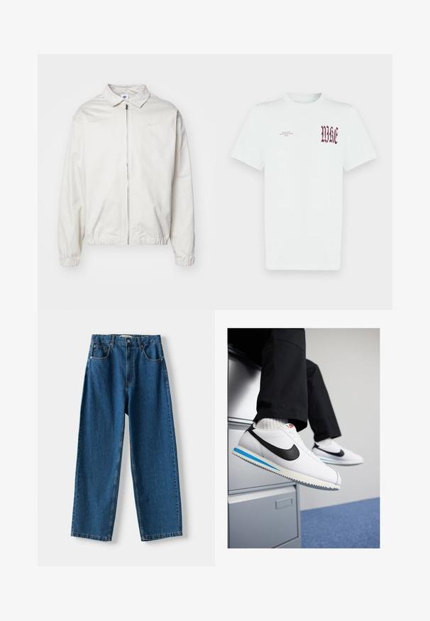 Bela, lahka Nike jakna z ovratnikom, sprednjim zadrgo, elastičnimi manšetami in majhnim logotipom na levem prsnem delu. Gladka tekstura.; Bela bombažna majica s kratkimi rokavi z rdečim napisom in grafiko "NIKE" na levi strani prsi. Kratki rokavi in ovratnik okrog vratu, gladka tekstura.; Modre jeans hlače visoke pasu s ravnim krojem, ki imajo zapenjanje na gumb in zadrgo, pet žepov ter kontrastno šivanje.; Bele usnjene teniske z črnim Nikeovim simbolom, svetlo modrim in sivo gumijastim podplatom ter klasičnim vezalnim dizajnom. Noge so poležane na omarici za dokumente.