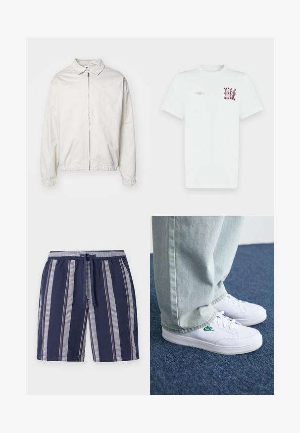 Veste Nike blanche et légère avec un col, fermeture éclair à l'avant, poignets élastiques et un petit logo sur la poitrine gauche. Texture lisse.; T-shirt en coton blanc avec un graphique rouge "NIKE" et un texte sur le côté gauche de la poitrine. Manches courtes et col rond, texture lisse.; Shorts de bain bleu marine avec un motif à rayures verticales en blanc et rouge, taille élastique et cordon de serrage, fabriqués en tissu léger.; Baskets en cuir blanc avec logo Nike vert, bout rond, semelle plate, associées à un pantalon en denim bleu clair, présentées sur un tapis bleu.