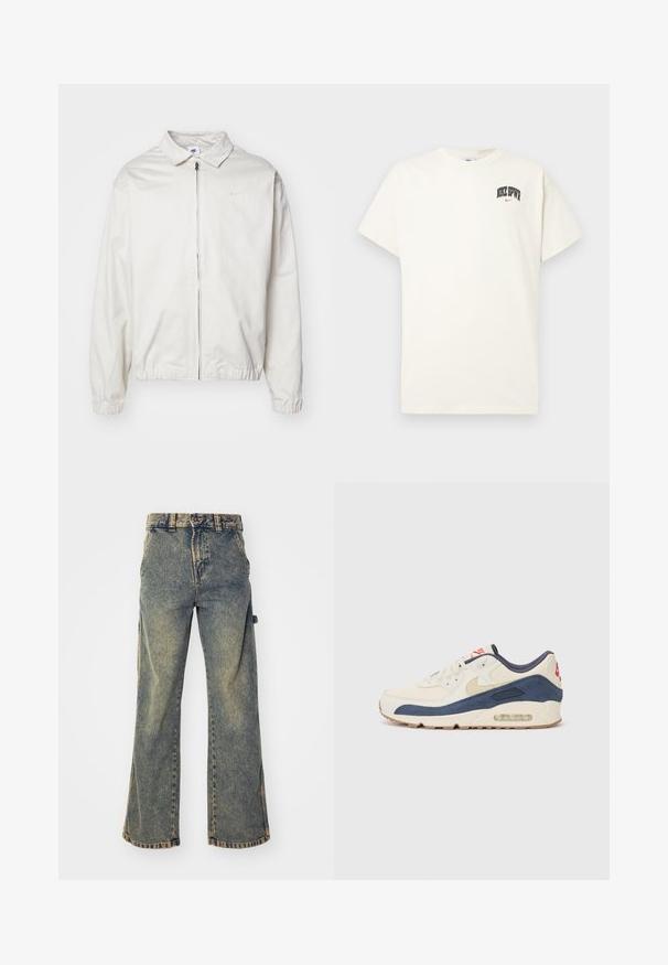 Bela, lahka Nike jakna z ovratnikom, sprednjim zadrgo, elastičnimi manšetami in majhnim logotipom na levem prsnem delu. Gladka tekstura.; Kremasta bombažna majica s kratkimi rokavi, z natisnjenim napisom "NIKE SB" v črni in rdeči barvi na prsih. Standardni okrogli izrez.; Visoki pasovi široke denim hlače v bledem modrem pranju, ki vključujejo pet žepov, pasne zanke in surov rob s vidnimi šivi.; Tenisice z zgornjim delom iz krem usnja in mornarsko modrega semiša, s prozornim zračnim podplatom, bež gumijastim podplatom in rdečim poudarkom na peti.