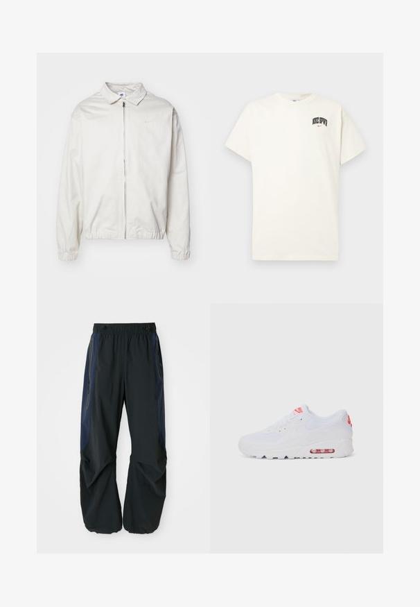 Hvit, lett Nike-jakke med kragehals, glidelås foran, elastiske mansjetter og en liten logo på venstre bryst. Glatt tekstur.; Kremfarget bomull t-skjorte med korte ermer, med "NIKE SB" i svart og rødt trykk på brystet. Standard rund halslinning.; Sorte utendørsbukser med en avslappet passform, med elastisk midje, marineblå sidepaneler og glidelåslommer på begge sider.; Hvite atletiske joggesko med glatt overdel, snøring, polstret såle og synlig luftenhet med røde detaljer på merket.