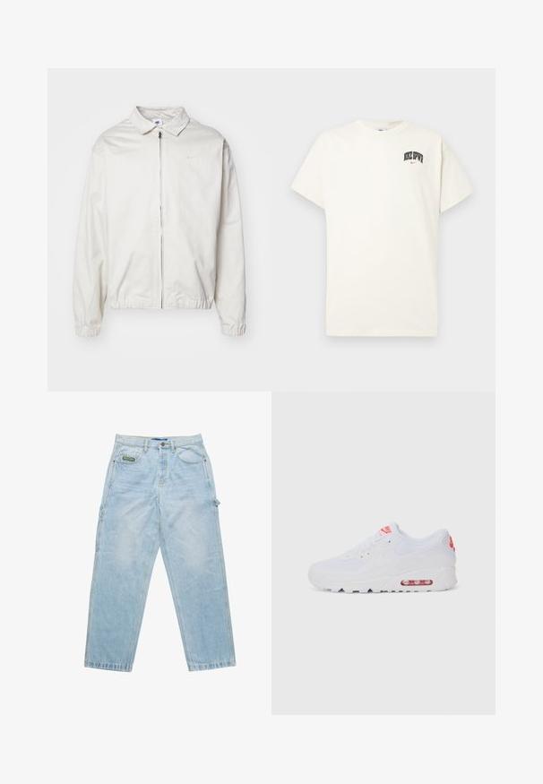 Valkoinen, kevyt Nike-takki, jossa on kauluksellinen kaula-aukko, etuvetoketju, joustavat hihansuut ja pieni logo vasemmalla rinnalla. Sujuva pinta.; Kermanvärinen puuvillapaita lyhyillä hihoilla, jossa rintakehässä on musta- ja punateksti "NIKE SB". Standardi pyöreä kaula-aukko.; Vaaleansiniset farkut, joissa on väljä istuvuus, viisi taskua ja näkyvä ompelu. Edessä on brändilogo taskussa.; Valkoinen urheilujalkine, jossa on sileä päällinen, nauhakiinnitys, pehmustettu pohja ja näkyvä ilmayksikkö, jossa on punaisia yksityiskohtia brändissä.