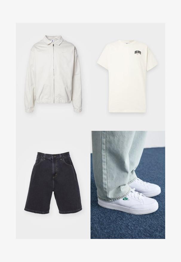 Valge, kerge Nike jakk, milles on krae, ees lukk, elastsed mansetid ja väike logo vasakul rinnal. Sile tekstuur.; Kreemivalge puuvillane t-särk lühikeste varrukatega, millel on rinnal musta ja punase tekstiga "NIKE SB". Tavaline ümmargune kaelus.; Tumed denim lühikesed püksid kõrge vöökohaga, millel on kaks eesmist taskut, kontrastne kollane õmblus ja sirge lõige, millel on ääristatud viimistlus.; Valged nahast tennisetossud rohelise Nike logo ja ümarate varvastega, lamedate taldadega, koos helesiniste teksapükstega, esitatud sinisel vaibal.