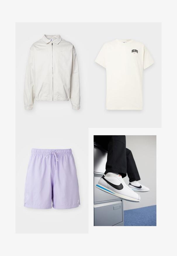 Balta, viegla Nike jaka ar apkakles kaklu, priekšējo rāvējslēdzēju, elastīgām piedurknēm un mazu logotipu kreisajā krūtī. Gluda tekstūra.; Kremkrāsas kokvilnas T-krekls ar īsām piedurknēm, ar uzrakstu "NIKE SB" melnā un sarkanā krāsā uz krūtīm. Standarta apaļa apkakle.; Ceriņu krāsas peldbikses, izgatavotas no viegla auduma, ar elastīgu jostu un auklu, sānu atverēm un nelielu logo akcentu.; Baltas ādas sporta apavi ar melnu Nike zīmi, gaiši zilu un pelēku gumijas zoli un klasisku auklu dizainu. Kājām atpūšoties uz dokumentu skapja.