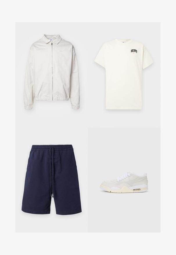 Jachetă Nike albă, ușoară, cu guler, fermoar frontal, manșete elastice și un logo mic pe pieptul stâng. Textură netedă.; T-shirt din bumbac de culoare crem, cu mâneci scurte, având inscripția "NIKE SB" în text negru și roșu pe piept. Guler standard, de formă rotundă.; Pantaloni scurți marină închisă din bumbac, cu talie elastică și șnur, buzunare laterale și un design cu picior drept. Fără modele.; Adidași cu un upper sintetic de culoare bej deschis, șireturi albe și amortizare vizibilă. Prezentare a unei tălpi netede și accente subtile pe lateral.