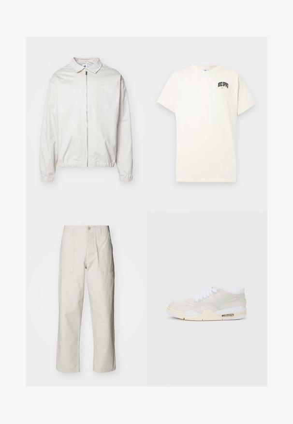 Bijela, lagana Nike jakna s ovratnikom, prednjim patentnim zatvaračem, elastičnim rukavima i malim logom na lijevoj strani prsa. Glatka tekstura.; Pamučni majica boje kreme s kratkim rukavima, na prsima ima natpis "NIKE SB" u crnoj i crvenoj boji. Standardni okrugli izrez.; Svijetlosmeđe široke hlače od pamuka. Imaju prednje džepove i kopčanje na dugme. Glatka tekstura s suptilnim vertikalnim linijama.; Tenisice s gornjim dijelom od svijetlosmeđeg sintetičkog materijala, bijelim vezicama i vidljivim jastučićima. Imaju glatki potplat i suptilne bočne akcentne detalje.