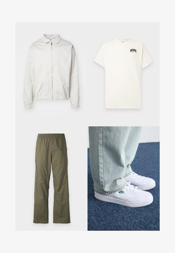 Fehér, könnyű Nike dzseki, galléros nyakkal, elöl cipzárral, elasztikus mandzsettákkal és kis logóval a bal melle részén. Simaszerű textúra.; Krém színű pamut póló rövid ujjakkal, fekete és piros "NIKE SB" felirattal a mellkasán. Standard kerek nyakkivágással.; Olíva zöld cargo nadrág rugalmas derékkal, széles lábakkal és térdrész díszítéssel, tartós anyagból készült.; Fehér bőr sportcipők zöld Nike logóval, kerek orral, lapos talppal, világoskék farmernadrággal párosítva, kék szőnyegen bemutatva.