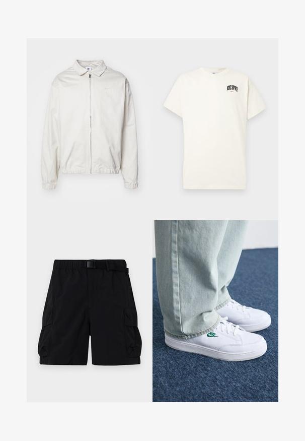Bela, lahka Nike jakna z ovratnikom, sprednjim zadrgo, elastičnimi manšetami in majhnim logotipom na levem prsnem delu. Gladka tekstura.; Kremasta bombažna majica s kratkimi rokavi, z natisnjenim napisom "NIKE SB" v črni in rdeči barvi na prsih. Standardni okrogli izrez.; Črne cargo kratke hlače z elastičnim pasom, nastavljivim pasom in dvema stranskima žepoma z strukturirano teksturo.; Bela usnjena športna obutev z zelenim Nike logotipom, okrogla konica, ravna podplat, v kombinaciji z svetlo modrimi kavbojkami, prikazana na modrem preprogu.