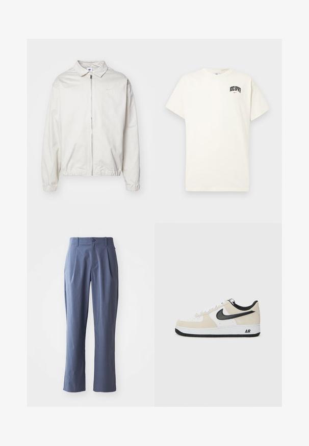 Weiße, leichte Nike-Jacke mit kragenförmigem Ausschnitt, Reißverschluss vorne, elastischen Bündchen und einem kleinen Logo auf der linken Brust. Glatte Textur.; Cremfarbens Baumwoll-T-Shirt mit kurzen Ärmeln, das "NIKE SB" in schwarzem und rotem Text auf der Brust zeigt. Klassischer Rundhalsausschnitt.; Marineblaue Hose mit Falten, gerader Schnitt, aus leichtem Stoff, mit einem einzigen Frontknopfverschluss und Gürtelschlaufen.; Sneaker mit einem hellbeigen Wildleder- und weißen Leder-Obermaterial, schwarzem Nike-Swoosh, schwarzen Akzenten und einer weißen Gummisohle mit "AIR"-Branding.