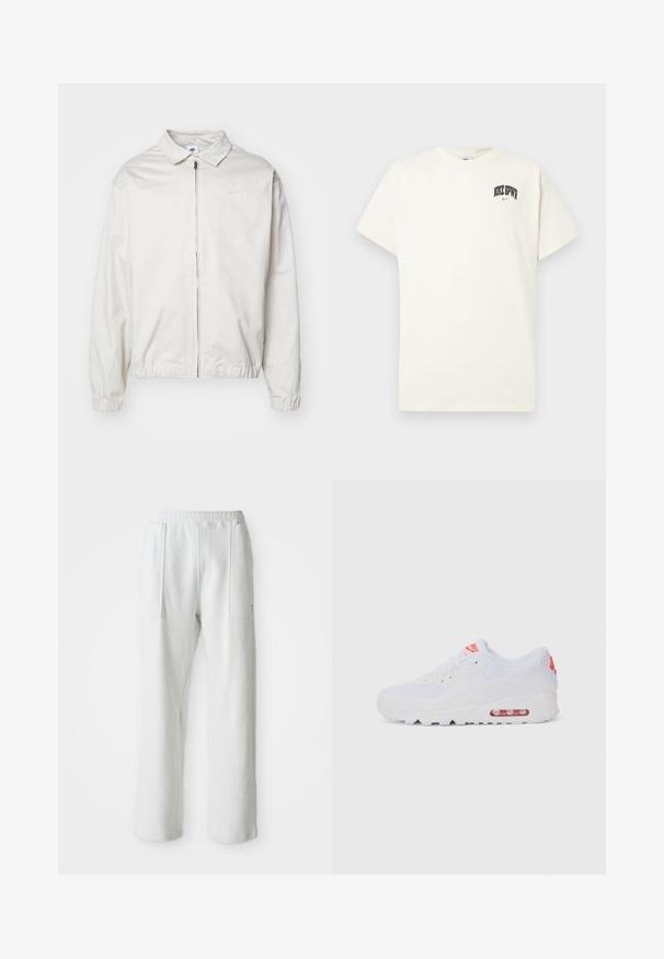 Biela, ľahká bunda Nike s golierom, predným zipsom, elastickými manžetami a malým logom na ľavej strane hrudníka. Hladká textúra.; Krémová bavlnená tričko s krátkymi rukávmi, s nápisom "NIKE SB" v čiernej a červenej farbe na hrudi. Štandardný okrúhly výstrih.; Biele mužské nohavice s elastickým pásom a veľkými prednými vreckami, zobrazené na jednoduchom svetlom pozadí.; Biele športové tenisky s hladkým zvrškom, šnurovaním, polstrovanou podrážkou a viditeľnou vzduchovou jednotkou s červenými akcentmi na značení.