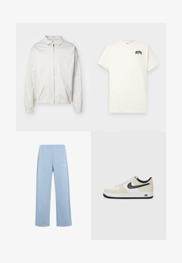 Balta, viegla Nike jaka ar apkakles kaklu, priekšējo rāvējslēdzēju, elastīgām piedurknēm un mazu logotipu kreisajā krūtī. Gluda tekstūra.; Kremkrāsas kokvilnas T-krekls ar īsām piedurknēm, ar uzrakstu "NIKE SB" melnā un sarkanā krāsā uz krūtīm. Standarta apaļa apkakle.; Gaiši zili sporta bikses, izgatavotas no kokvilnas maisījuma, ar elastīgu jostasvietu, sānu kabatām un baltu logo kreisajā augšstilbā.; Sneakeri ar gaiši bež zamšas un baltas ādas augšdaļu, melnu Nike swoosh, melniem akcentiem un baltu gumijas zoli ar "AIR" zīmolu.