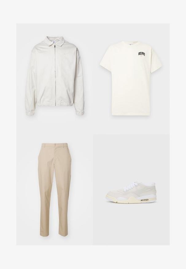 Balta, viegla Nike jaka ar apkakles kaklu, priekšējo rāvējslēdzēju, elastīgām piedurknēm un mazu logotipu kreisajā krūtī. Gluda tekstūra.; Kremkrāsas kokvilnas T-krekls ar īsām piedurknēm, ar uzrakstu "NIKE SB" melnā un sarkanā krāsā uz krūtīm. Standarta apaļa apkakle.; Beige pieguļoši bikses ar taisnu piegriezumu, pogu aizdare un plakans viduklis. Izgatavotas no gludas auduma bez redzamām rakstu. ; Skrienotāji ar vieglu beigu sintētisko virsmu, baltiem šņorēm un redzamu amortizāciju. Iezīme gluda zole un smalki sānu akcenti.