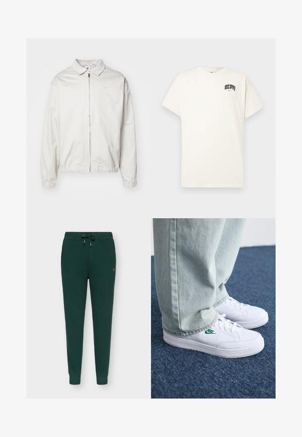 Bela, lahka Nike jakna z ovratnikom, sprednjim zadrgo, elastičnimi manšetami in majhnim logotipom na levem prsnem delu. Gladka tekstura.; Kremasta bombažna majica s kratkimi rokavi, z natisnjenim napisom "NIKE SB" v črni in rdeči barvi na prsih. Standardni okrogli izrez.; Zelene bombažne trenerke, oprijet kroj, elastični pas z vezalko, rebrasti manšeti, subtilen zlati logotip na strani.; Bela usnjena športna obutev z zelenim Nike logotipom, okrogla konica, ravna podplat, v kombinaciji z svetlo modrimi kavbojkami, prikazana na modrem preprogu.