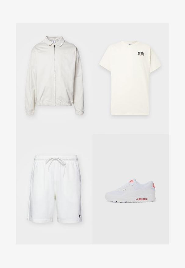 Bílá, lehká bunda Nike s límečkem, předním zipem, elastickými manžetami a malým logem na levé hrudi. Hladký povrch.; Kravetově bílý bavlněný tričko s krátkým rukávem, na hrudi s nápisem "NIKE SB" v černém a červeném písmu. Standardní kulatý výstřih.; Bílé bavlněné šortky s elastickým páskem, šňůrkou a bočními rozparky. Obsahují malé černé logo na levém lemu.; Bílé sportovní tenisky s hladkým svrškem, šněrováním, polstrovanou podrážkou a viditelnou vzduchovou jednotkou s červenými akcenty na značce.