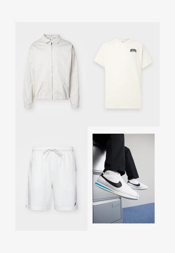 Bílá, lehká bunda Nike s límečkem, předním zipem, elastickými manžetami a malým logem na levé hrudi. Hladký povrch.; Kravetově bílý bavlněný tričko s krátkým rukávem, na hrudi s nápisem "NIKE SB" v černém a červeném písmu. Standardní kulatý výstřih.; Bílé bavlněné šortky s elastickým páskem, šňůrkou a bočními rozparky. Obsahují malé černé logo na levém lemu.; Bílé kožené tenisky s černým logem Nike, světle modrou a šedou gumovou podrážkou a klasickým šněrovacím designem. Nohy odpočívají na skříni.