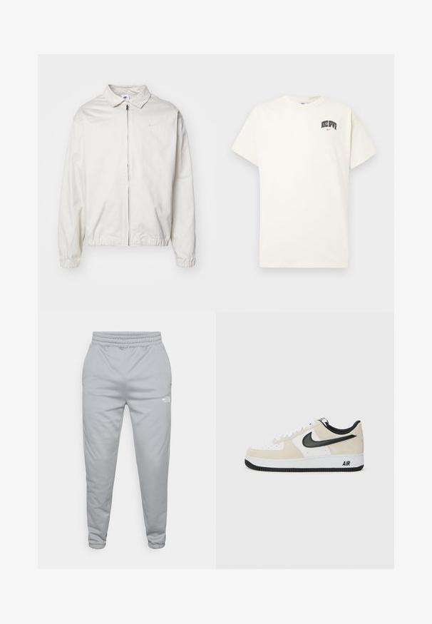 Fehér, könnyű Nike dzseki, galléros nyakkal, elöl cipzárral, elasztikus mandzsettákkal és kis logóval a bal melle részén. Simaszerű textúra.; Krém színű pamut póló rövid ujjakkal, fekete és piros "NIKE SB" felirattal a mellkasán. Standard kerek nyakkivágással.; Világosszürke jogger nadrág, gumis derékkal és felhúzott bokákkal. Kicsi fehér logó található az alsó részen. Textúrált anyag.; Világos bézs suede és fehér bőr felsőrésszel rendelkező sportcipők, fekete Nike logo, fekete részletek és fehér gumitalp, amelyen "AIR" felirat található.