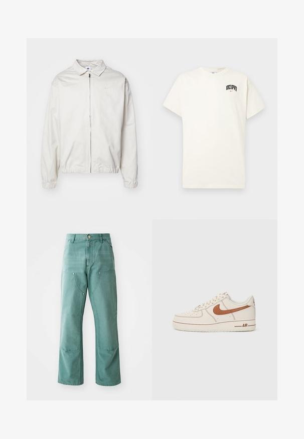 Bijela, lagana Nike jakna s ovratnikom, prednjim patentnim zatvaračem, elastičnim rukavima i malim logom na lijevoj strani prsa. Glatka tekstura.; Pamučni majica boje kreme s kratkim rukavima, na prsima ima natpis "NIKE SB" u crnoj i crvenoj boji. Standardni okrugli izrez.; Hlače širokih nogavica u tirkiznoj boji, izrađene od denima. Imaju prednje džepove s kutnim otvorima i metalne kopče.; Nike Air Force 1 tenisice s gornjim dijelom od krem kože, smešnim logotipom i detaljima šivanja. Imaju okrugli vrh i teksturiranu gumenu potplatu.