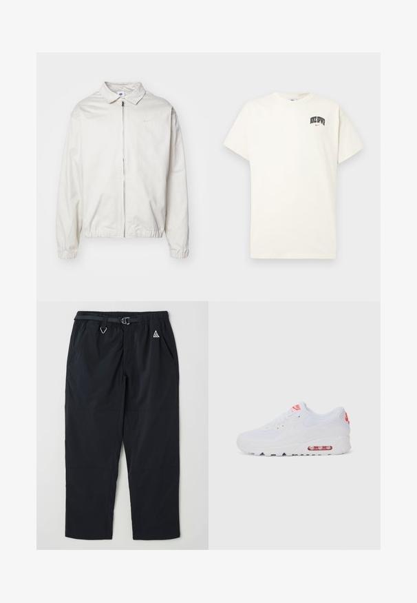 Fehér, könnyű Nike dzseki, galléros nyakkal, elöl cipzárral, elasztikus mandzsettákkal és kis logóval a bal melle részén. Simaszerű textúra.; Krém színű pamut póló rövid ujjakkal, fekete és piros "NIKE SB" felirattal a mellkasán. Standard kerek nyakkivágással.; Fekete kültéri nadrág könnyű anyagból, rugalmas derékkal és övvel, két oldalsó zsebbel és diszkrét logó részlettel.; Fehér sportcipő, sima felsőrésszel, fűzős zárással, párnázott talppal és látható légpárnával, piros részletekkel a logón.