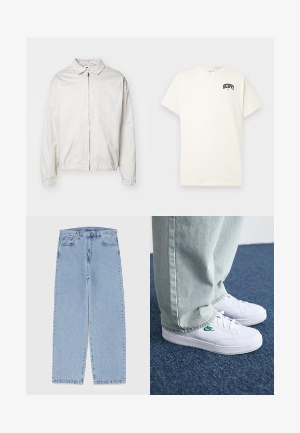 Casaco Nike branco e leve, com gola, fecho frontal, punhos elásticos e um pequeno logótipo no lado esquerdo do peito. Textura suave.; T-shirt de algodão na cor creme com mangas curtas, apresentando "NIKE SB" em texto preto e vermelho no peito. Gola redonda padrão.; Jeans de denim azul claro com design de perna reta, apresentando uma cintura de altura média, cinco bolsos e um fecho de botão e zíper.; Tênis de couro brancos com logo verde da Nike, bico redondo, sola plana, combinados com calças de denim azul claro, exibidos sobre um tapete azul.