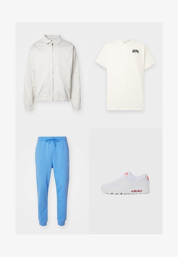 Witte, lichte Nike-jack met een kraag, een rits aan de voorkant, elastische manchetten en een klein logo op de linkerkant van de borst. Glad oppervlak.; Crème-kleurige katoenen T-shirt met korte mouwen, voorzien van "NIKE SB" in zwarte en rode tekst op de borst. Standaard ronde halslijn.; Lichtblauwe sweatpants van een zachte katoenmix. Voorzien van een elastische tailleband met trekkoord en afgewerkte enkels. Geborduurd logo aan de zijkant.; Witte sportieve sneaker met een gladde bovenkant, vetersluiting, gevoerde zool en een zichtbare luchtunit met rode accenten op de branding.