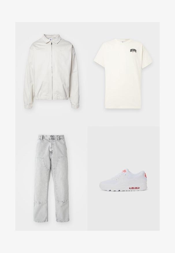 White, lightweight Nike jacket with a collared neckline, front zipper, elastic cuffs, and a small logo on the left chest. Smooth texture.; Cream-colored cotton t-shirt with short sleeves, featuring "NIKE SB" in black and red text on the chest. Standard round neckline.; Light gray denim pants with a loose fit, featuring large side pockets, visible stitching, and a straight leg design. Belt loops at the waist.; White athletic sneaker featuring a smooth upper, lace closure, cushioned sole, and a visible air unit with red accents on the branding.