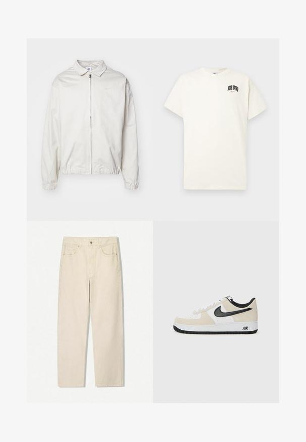 Vit, lättvikts Nike-jacka med krage, dragkedja framtill, elastiska ärmslut och en liten logotyp på vänster bröst. Slät textur.; Krämm färgad bomulls t-shirt med kort ärm, med "NIKE SB" i svart och röd text på bröstet. Standard rund halsringning.; Beige högmidjade raka jeanstylingar med framknapp, dragkedja och fem fickor, presenterade på en vit bakgrund.; Sneakers med en ljus beige mocka och vit läderöverdela, svart Nike swoosh, svarta detaljer och en vit gummisula med "AIR"-branding.
