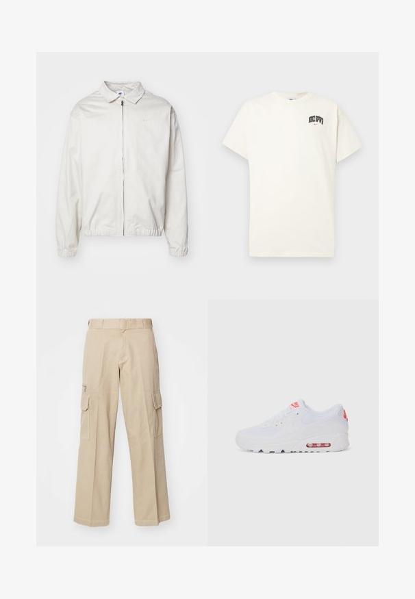 White, lightweight Nike jacket with a collared neckline, front zipper, elastic cuffs, and a small logo on the left chest. Smooth texture.; Cream-colored cotton t-shirt with short sleeves, featuring "NIKE SB" in black and red text on the chest. Standard round neckline.; Beige cargo pants with a wide-leg design, multiple pockets, and contrast stitching. Made of durable cotton fabric, featuring a belt loop.; White athletic sneaker featuring a smooth upper, lace closure, cushioned sole, and a visible air unit with red accents on the branding.