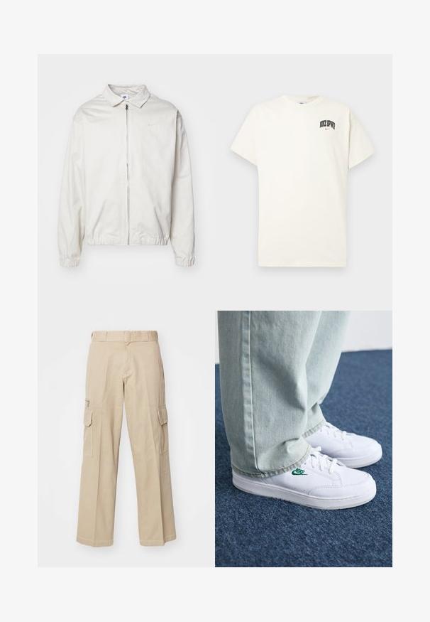 Casaco Nike branco e leve, com gola, fecho frontal, punhos elásticos e um pequeno logótipo no lado esquerdo do peito. Textura suave.; T-shirt de algodão na cor creme com mangas curtas, apresentando "NIKE SB" em texto preto e vermelho no peito. Gola redonda padrão.; Calças cargo bege com um design de perna larga, múltiplos bolsos e costura em contraste. Feitas de um tecido de algodão durável, com passadores para cinto.; Tênis de couro brancos com logo verde da Nike, bico redondo, sola plana, combinados com calças de denim azul claro, exibidos sobre um tapete azul.