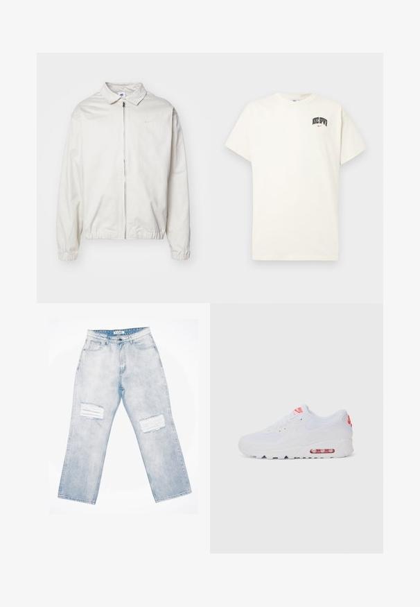 White, lightweight Nike jacket with a collared neckline, front zipper, elastic cuffs, and a small logo on the left chest. Smooth texture.; Cream-colored cotton t-shirt with short sleeves, featuring "NIKE SB" in black and red text on the chest. Standard round neckline.; Light blue denim jeans with a loose fit, featuring two distressed patches on the front, a button closure, and five-pocket design.; White athletic sneaker featuring a smooth upper, lace closure, cushioned sole, and a visible air unit with red accents on the branding.