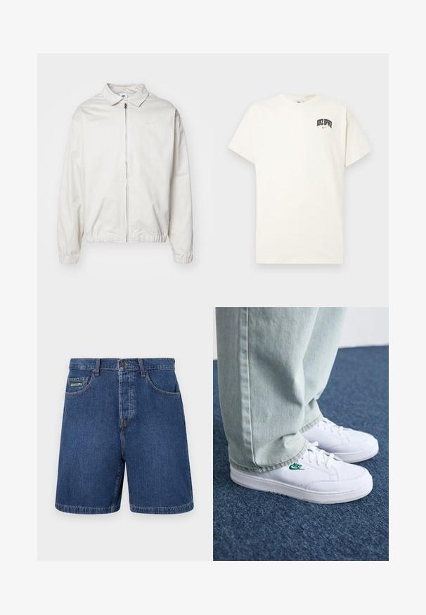 Casaco Nike branco e leve, com gola, fecho frontal, punhos elásticos e um pequeno logótipo no lado esquerdo do peito. Textura suave.; T-shirt de algodão na cor creme com mangas curtas, apresentando "NIKE SB" em texto preto e vermelho no peito. Gola redonda padrão.; Calções de ganga em azul escuro com um corte clássico, apresentando bolsos frontais, passantes para cinto e uma etiqueta de marca visível no bolso esquerdo.; Tênis de couro brancos com logo verde da Nike, bico redondo, sola plana, combinados com calças de denim azul claro, exibidos sobre um tapete azul.