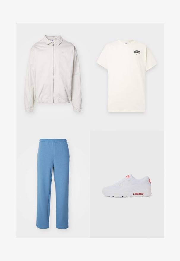 Balta, viegla Nike jaka ar apkakles kaklu, priekšējo rāvējslēdzēju, elastīgām piedurknēm un mazu logotipu kreisajā krūtī. Gluda tekstūra.; Kremkrāsas kokvilnas T-krekls ar īsām piedurknēm, ar uzrakstu "NIKE SB" melnā un sarkanā krāsā uz krūtīm. Standarta apaļa apkakle.; Gaiši zili elastīgi vidukļa taisna piegriezuma sporta bikses ar sānu kabatām, attēlotas priekšpusē uz baltā fona.; Baltas sporta apavi ar gludu augšdaļu, saitēm, mīkstu zoli un redzamu gaisa vienību ar sarkaniem akcentiem uz zīmola.