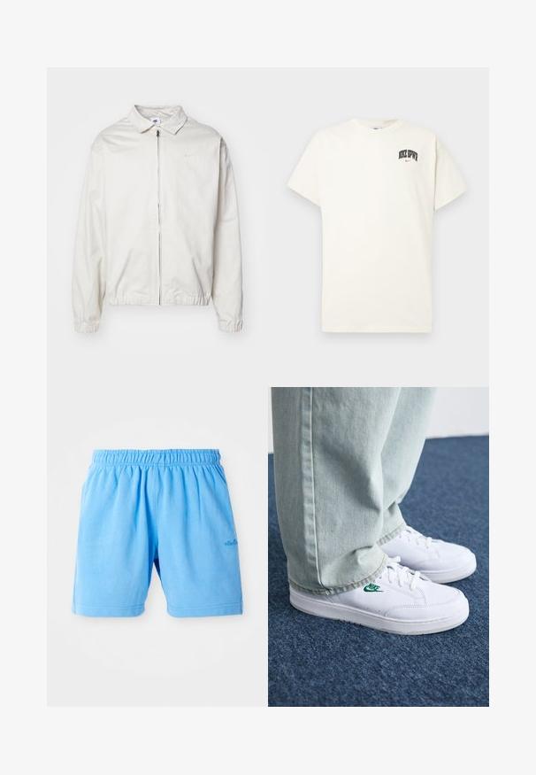 Casaco Nike branco e leve, com gola, fecho frontal, punhos elásticos e um pequeno logótipo no lado esquerdo do peito. Textura suave.; T-shirt de algodão na cor creme com mangas curtas, apresentando "NIKE SB" em texto preto e vermelho no peito. Gola redonda padrão.; Bermudas de algodão azul claro com um cós elástico, projetadas com um ajuste descontraído. Apresenta bainhas costuradas duplas e um pequeno logótipo como detalhe.; Tênis de couro brancos com logo verde da Nike, bico redondo, sola plana, combinados com calças de denim azul claro, exibidos sobre um tapete azul.