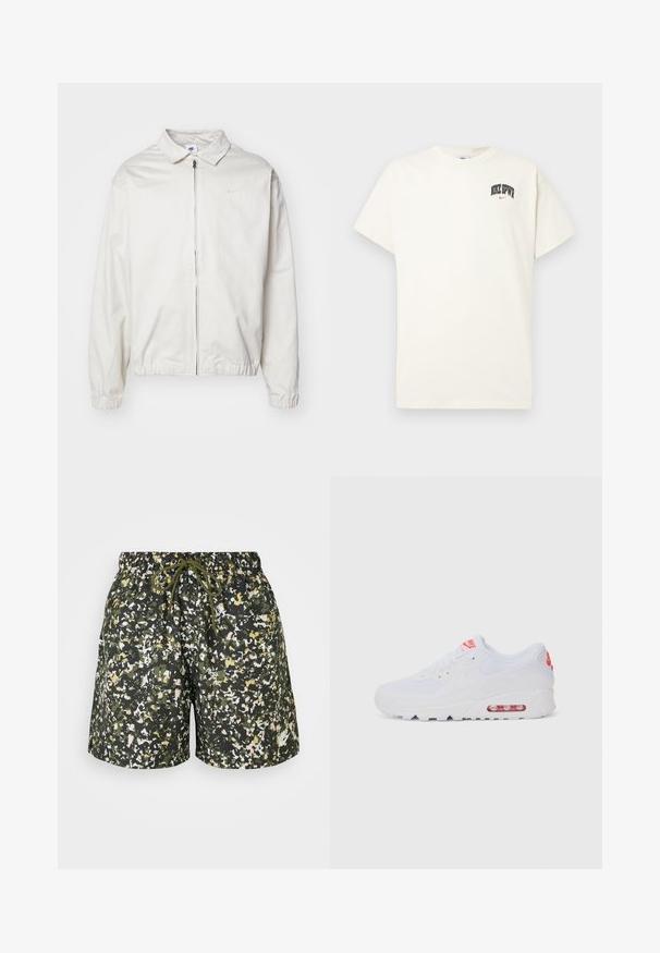 Balta, lengva Nike striukė su apykakle, priekiniais užtrauktuku, elastingomis rankogaliais ir maža logotipu kairiajame krūtinės kampe. Lygus paviršius.; Kremo spalvos medvilninis marškinėlis trumpomis rankovėmis, su "NIKE SB" juodu ir raudonu tekstu ant krūtinės. Standartinė apvali iškirptė.; Žalios raštuotos šortai, pagaminti iš lengvos medžiagos, su raišteliu juosmens srityje, šoninėmis kišenėmis ir subtiliu prekės ženklu.; Baltos sportinės sneaker'iai, turintys lygų paviršių, raištelių uždarymą, paminkštintą padą ir matomą oro vienetą su raudonomis akcentais ant prekės ženklo.