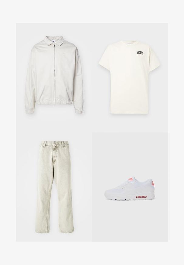 Jachetă Nike albă, ușoară, cu guler, fermoar frontal, manșete elastice și un logo mic pe pieptul stâng. Textură netedă.; T-shirt din bumbac de culoare crem, cu mâneci scurte, având inscripția "NIKE SB" în text negru și roșu pe piept. Guler standard, de formă rotundă.; Pantaloni din denim gri deschis cu un design drept, închidere cu nasture și bucle pentru curea. Prezintă o textură subtilă și detalii de cusătură minimaliste.; Adidașii albaștri de sport au o parte superioară netedă, sistem de închidere cu șireturi, talpă cu amortizare și o unitate de aer vizibilă cu accente roșii pe branding.