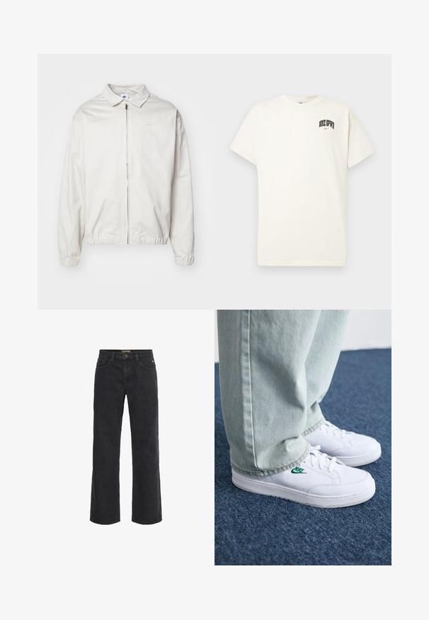 White, lightweight Nike jacket with a collared neckline, front zipper, elastic cuffs, and a small logo on the left chest. Smooth texture.; Cream-colored cotton t-shirt with short sleeves, featuring "NIKE SB" in black and red text on the chest. Standard round neckline.; Black denim wide-leg pants with a button closure, five pockets, and a slightly faded texture. Straight cut from waist to hem.; White leather sneakers with green Nike logo, round toe, flat sole, paired with light blue denim pants, shown on a blue carpet.