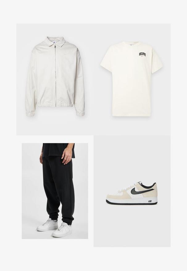 Hvid, letvægts Nike-jakke med kravehals, lynlås foran, elastiske ærmer og et lille logo på venstre bryst. Glat tekstur.; Cremefarvet bomulds t-shirt med korte ærmer, der har "NIKE SB" i sort og rød tekst på brystet. Standard rund halsudskæring.; DEF Træningsbukser - black washed; Sneakers med en lys beige ruskind og hvid læder overdel, sort Nike swoosh, sorte detaljer og en hvid gummisål med "AIR" branding.