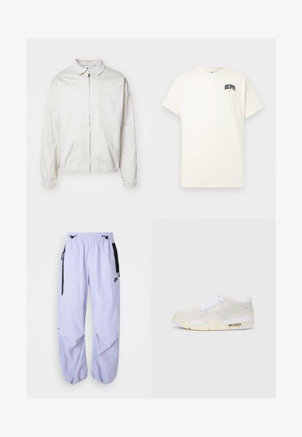 Hvit, lett Nike-jakke med kragehals, glidelås foran, elastiske mansjetter og en liten logo på venstre bryst. Glatt tekstur.; Kremfarget bomull t-skjorte med korte ermer, med "NIKE SB" i svart og rødt trykk på brystet. Standard rund halslinning.; Lyse lilla Nike-bukser med elastisk linning, sidelommer med glidelås og svarte detaljer. Stoffet har en glatt tekstur og en løs passform.; Sko med lyst beige syntetisk overdel, hvite lisser og synlig demping. Har en jevn såle og subtile sideakenter.