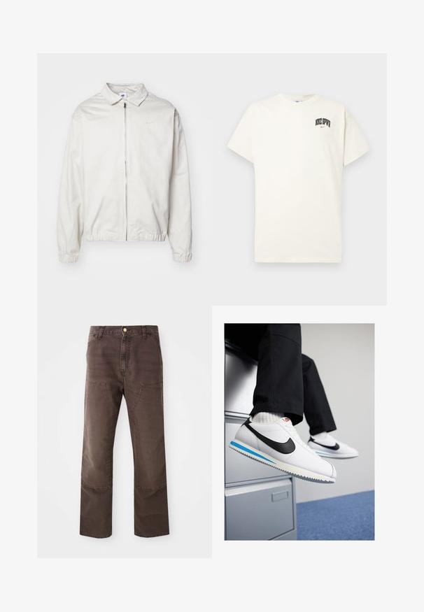 Balta, lengva Nike striukė su apykakle, priekiniais užtrauktuku, elastingomis rankogaliais ir maža logotipu kairiajame krūtinės kampe. Lygus paviršius.; Kremo spalvos medvilninis marškinėlis trumpomis rankovėmis, su "NIKE SB" juodu ir raudonu tekstu ant krūtinės. Standartinė apvali iškirptė.; Rudos, tiesios kojos kelnės, pagamintos iš medvilnės mišinio. Yra priekiniai kišeniniai kišenės ir kontrastingos siūlės. Baigtos klasikiniais mygtukais.; Baltos odinės sportbačiai su juodu Nike logotipu, šviesiai mėlyna ir pilka guma padais bei klasikiniu raištelių dizainu. Kojos remiasi į dokumentų spintą.