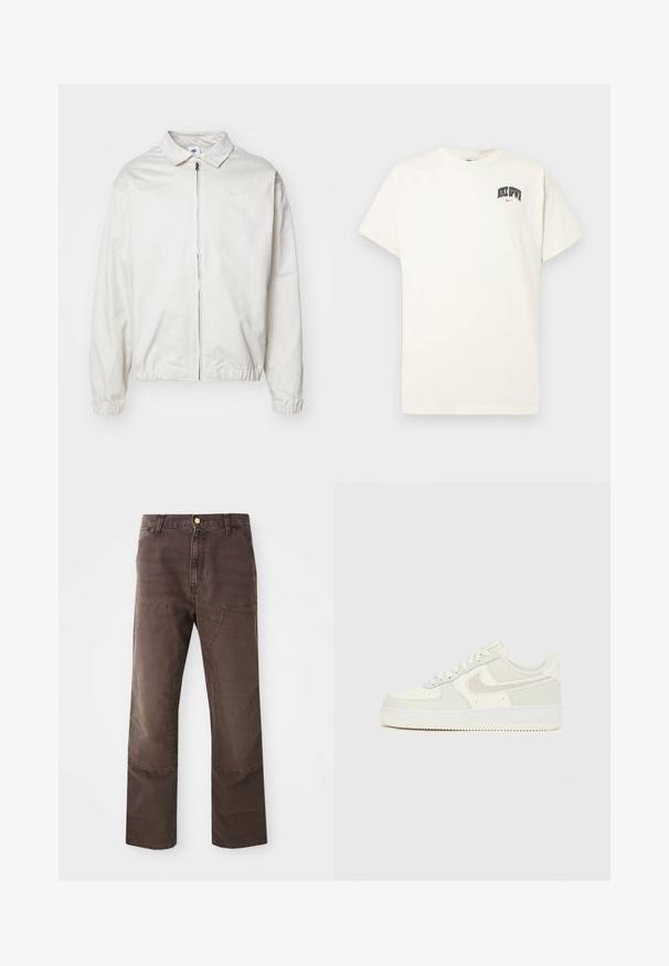 Valkoinen, kevyt Nike-takki, jossa on kauluksellinen kaula-aukko, etuvetoketju, joustavat hihansuut ja pieni logo vasemmalla rinnalla. Sujuva pinta.; Kermanvärinen puuvillapaita lyhyillä hihoilla, jossa rintakehässä on musta- ja punateksti "NIKE SB". Standardi pyöreä kaula-aukko.; Ruskeat suorat housut, valmistettu puuvillasekoitteesta. Ominaisuuksiin kuuluvat etupussit ja kontrastoiva ompelu. Viimeistelty klassisella nappisuljennalla.; Valkoiset Nike Air Force 1 -lenkkarit, joissa on sileä nahkainen päällinen, vaaleanharmaat yksityiskohdat, rei'itykset varpaassa ja teksturoitu kumipohja.