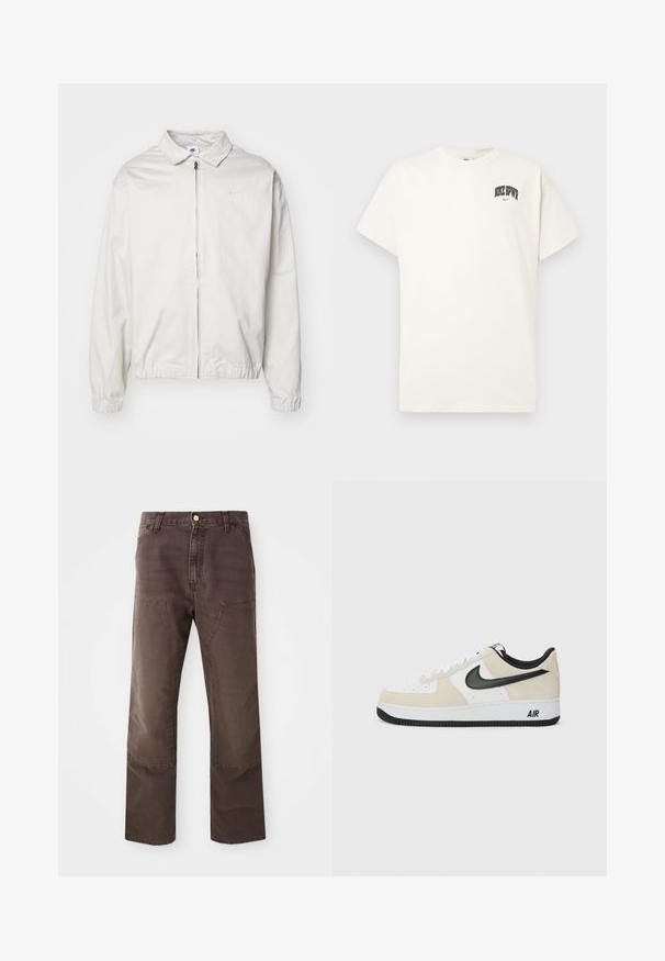 Witte, lichte Nike-jack met een kraag, een rits aan de voorkant, elastische manchetten en een klein logo op de linkerkant van de borst. Glad oppervlak.; Crème-kleurige katoenen T-shirt met korte mouwen, voorzien van "NIKE SB" in zwarte en rode tekst op de borst. Standaard ronde halslijn.; Bruine rechte broek van een katoenmix. Voorzien van voorzakken en contrasterende stiksels. Afgewerkt met een klassieke knoopsluiting.; Sneakers met een lichtbeige suède en witte leren bovenkant, zwarte Nike swoosh, zwarte accenten en een witte rubberen zool met "AIR" branding.