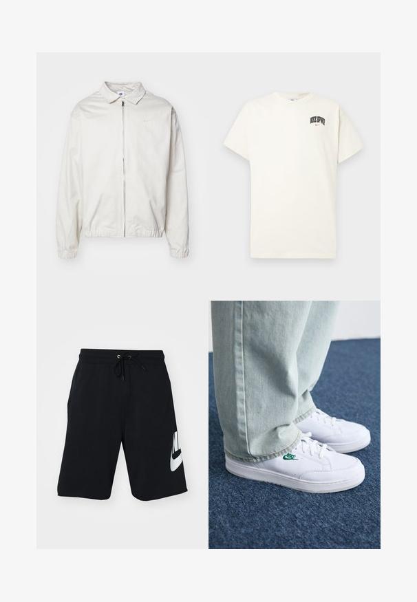 Bela, lahka Nike jakna z ovratnikom, sprednjim zadrgo, elastičnimi manšetami in majhnim logotipom na levem prsnem delu. Gladka tekstura.; Kremasta bombažna majica s kratkimi rokavi, z natisnjenim napisom "NIKE SB" v črni in rdeči barvi na prsih. Standardni okrogli izrez.; Črne bombažne kratke hlače z vrvico v pasu, stranskima žepoma in velikim belim logotipom Nike, natisnjenim na levi stegn. Klasična športna zasnova.; Bela usnjena športna obutev z zelenim Nike logotipom, okrogla konica, ravna podplat, v kombinaciji z svetlo modrimi kavbojkami, prikazana na modrem preprogu.
