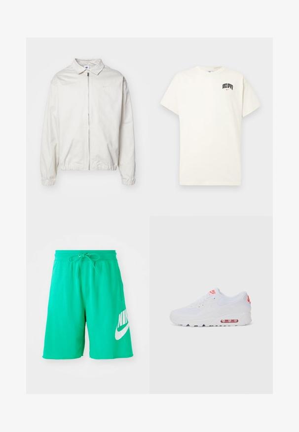 Biela, ľahká bunda Nike s golierom, predným zipsom, elastickými manžetami a malým logom na ľavej strane hrudníka. Hladká textúra.; Krémová bavlnená tričko s krátkymi rukávmi, s nápisom "NIKE SB" v čiernej a červenej farbe na hrudi. Štandardný okrúhly výstrih.; Zelené bavlnené šortky s nastaviteľným pásom, ktoré majú veľké biele logo Nike na pravej nohe a hladký povrch.; Biele športové tenisky s hladkým zvrškom, šnurovaním, polstrovanou podrážkou a viditeľnou vzduchovou jednotkou s červenými akcentmi na značení.
