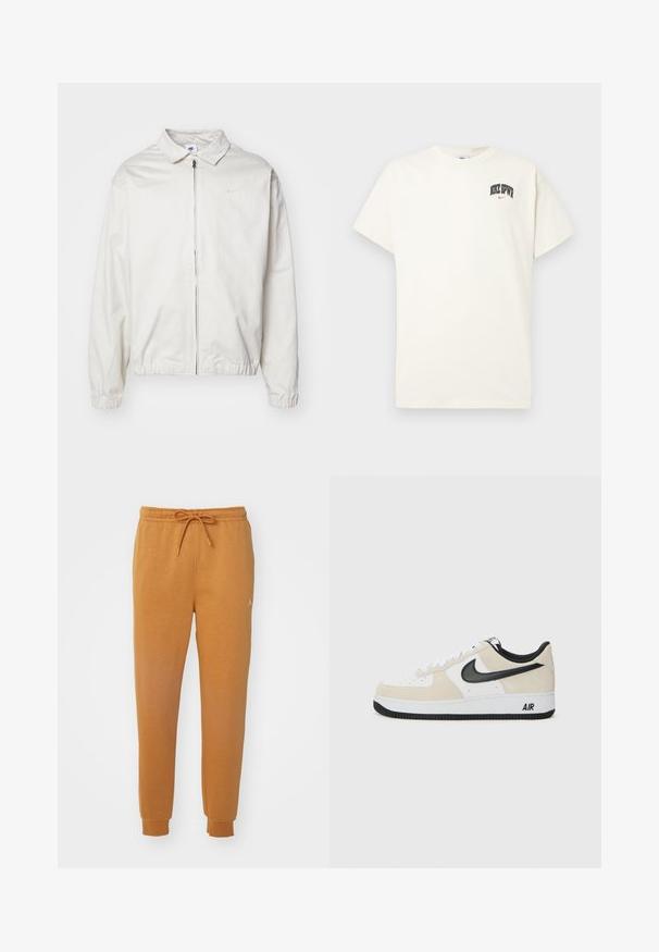 Jachetă Nike albă, ușoară, cu guler, fermoar frontal, manșete elastice și un logo mic pe pieptul stâng. Textură netedă.; T-shirt din bumbac de culoare crem, cu mâneci scurte, având inscripția "NIKE SB" în text negru și roșu pe piept. Guler standard, de formă rotundă.; Pantaloni de jogging portocalii, confecționați dintr-un material moale, având un brâu elastic cu șnur și manșete ribbate. Include un detaliu mic cu logo.; Tenisi cu un superior din suede bej deschis și piele albă, swoosh Nike negru, accente negre și o talpă din cauciuc albă cu marcajul "AIR".