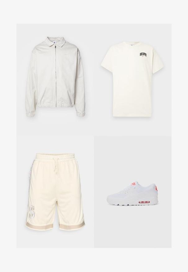 Fehér, könnyű Nike dzseki, galléros nyakkal, elöl cipzárral, elasztikus mandzsettákkal és kis logóval a bal melle részén. Simaszerű textúra.; Krém színű pamut póló rövid ujjakkal, fekete és piros "NIKE SB" felirattal a mellkasán. Standard kerek nyakkivágással.; Férfi krémszínű hálós sort, elasztikus derékkal, zsinórral, oldzsebekkel és virágmintás díszítéssel. Kontrasztos szegéllyel rendelkezik.; Fehér sportcipő, sima felsőrésszel, fűzős zárással, párnázott talppal és látható légpárnával, piros részletekkel a logón.