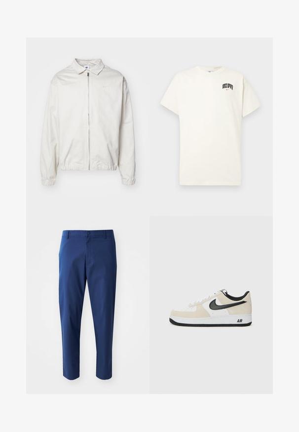 Bijela, lagana Nike jakna s ovratnikom, prednjim patentnim zatvaračem, elastičnim rukavima i malim logom na lijevoj strani prsa. Glatka tekstura.; Pamučni majica boje kreme s kratkim rukavima, na prsima ima natpis "NIKE SB" u crnoj i crvenoj boji. Standardni okrugli izrez.; Modre chinos hlače s glatkom teksturom, kopčanjem u struku i bočnim džepovima, s krojem koji je usklađen i skraćenom duljinom.; Tenisice sa svijetlosmešavom suedinom i bijelim kožnim gornjištem, crnim Nike swoosh-om, crnim detaljima i bijelom gumiranom potplatom s "AIR" brendingom.