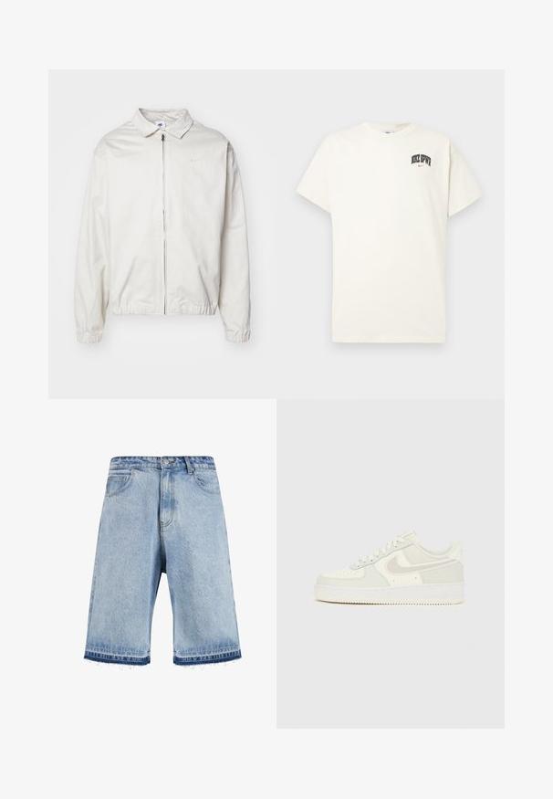 Valkoinen, kevyt Nike-takki, jossa on kauluksellinen kaula-aukko, etuvetoketju, joustavat hihansuut ja pieni logo vasemmalla rinnalla. Sujuva pinta.; Kermanvärinen puuvillapaita lyhyillä hihoilla, jossa rintakehässä on musta- ja punateksti "NIKE SB". Standardi pyöreä kaula-aukko.; Vaaleansiniset farkkushortsit, joissa on repaleinen helma, klassinen viisi taskua -muotoilu ja etunappikiinnitys. Hiukan haalistunut pesu.; Valkoiset Nike Air Force 1 -lenkkarit, joissa on sileä nahkainen päällinen, vaaleanharmaat yksityiskohdat, rei'itykset varpaassa ja teksturoitu kumipohja.