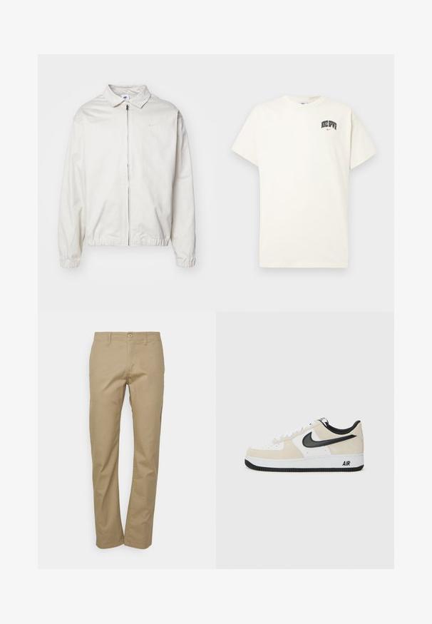 White, lightweight Nike jacket with a collared neckline, front zipper, elastic cuffs, and a small logo on the left chest. Smooth texture.; Cream-colored cotton t-shirt with short sleeves, featuring "NIKE SB" in black and red text on the chest. Standard round neckline.; Beige chinos with a straight-leg design, featuring a button closure, belt loops, and a smooth cotton fabric texture.; Sneakers with a light beige suede and white leather upper, black Nike swoosh, black accents, and a white rubber sole featuring "AIR" branding.
