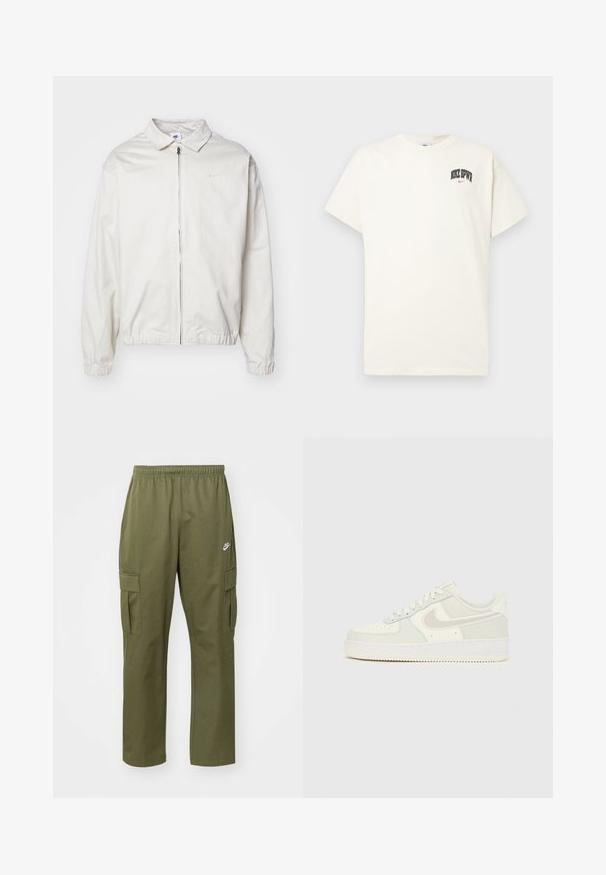 Casaco Nike branco e leve, com gola, fecho frontal, punhos elásticos e um pequeno logótipo no lado esquerdo do peito. Textura suave.; T-shirt de algodão na cor creme com mangas curtas, apresentando "NIKE SB" em texto preto e vermelho no peito. Gola redonda padrão.; Calças cargo verde-azeitona com uma cintura elástica, dois bolsos laterais e um pequeno logótipo na coxa esquerda. Feitas de um tecido leve.; Ténis Nike Air Force 1 brancos com parte superior em pele lisa, detalhes cinza claro, perfurações no bico e sola de borracha texturada.